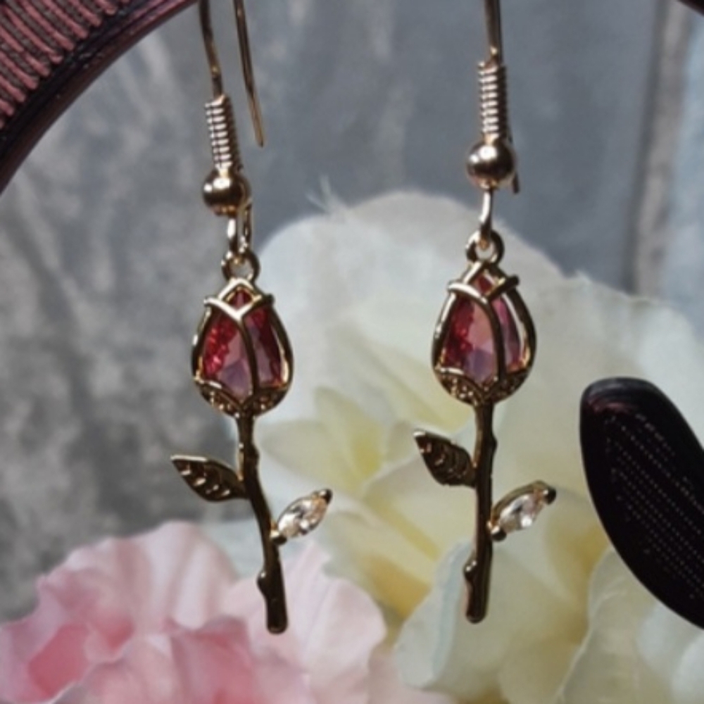 Handmade Rose Earrings Dainty Pink Crystal With Rhinestone Leaves 1.5" Long